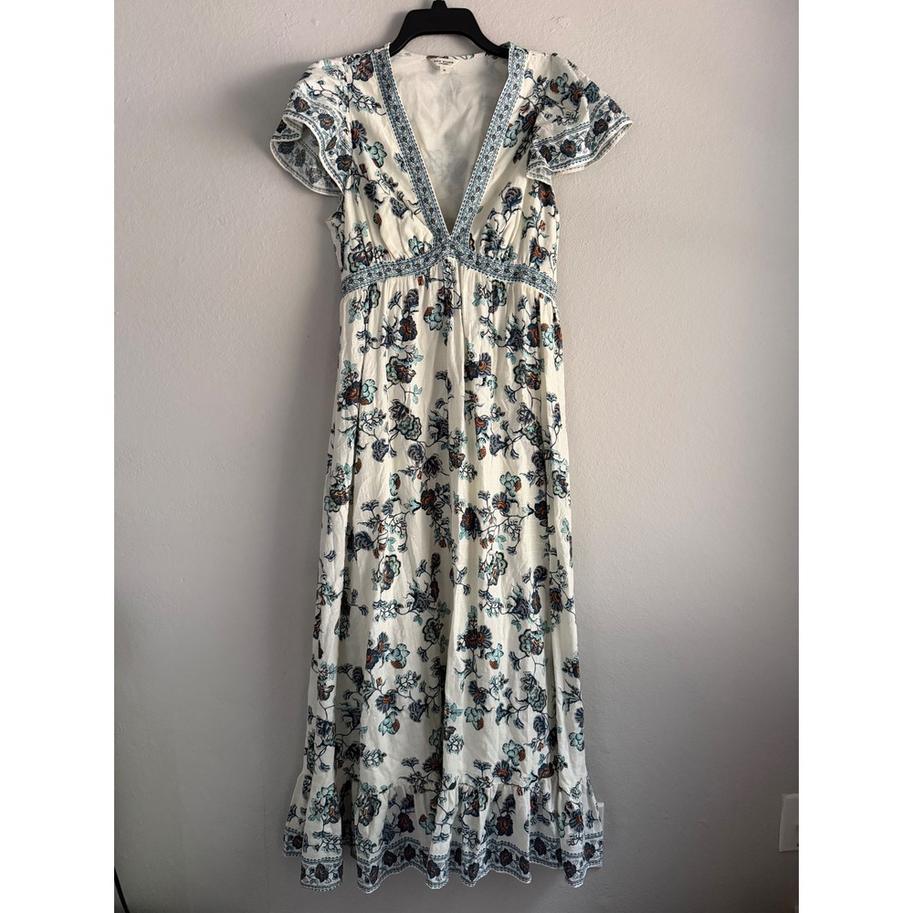 Max Studio London Floral Maxi Dress White Blue V-Neck Flutter Sleeve M